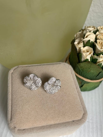 Silver Tone Pave Set Cubic Zirconia Flower Earrings on Post