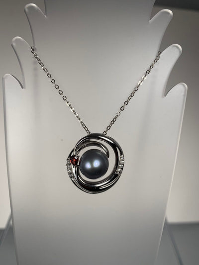 Gray Pearl and Garnet Sterling Silver Pendant