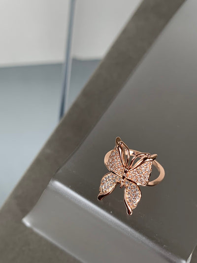Pave Set Cubic Zirconia Butterfly Ring in Rose Gold Tone with Sizes