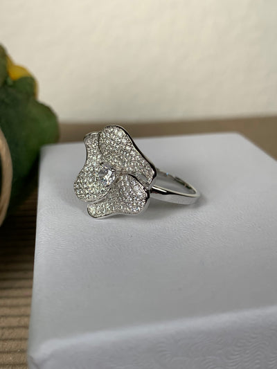 Sterling Silver & Pave Cubic Zirconia CZ Flower Ring