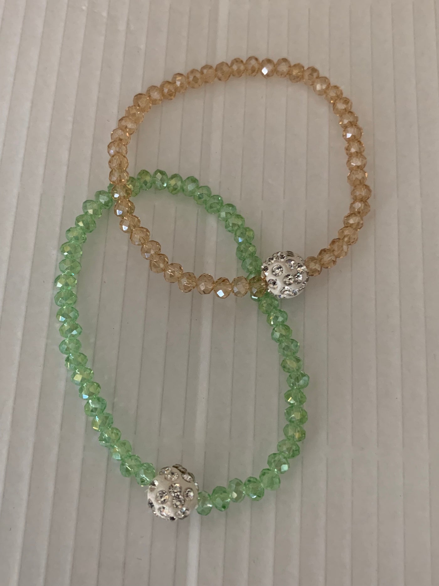 Stretchy Green and Amber Yellow Crystal Bracelets with Crystal Ball Set of 2