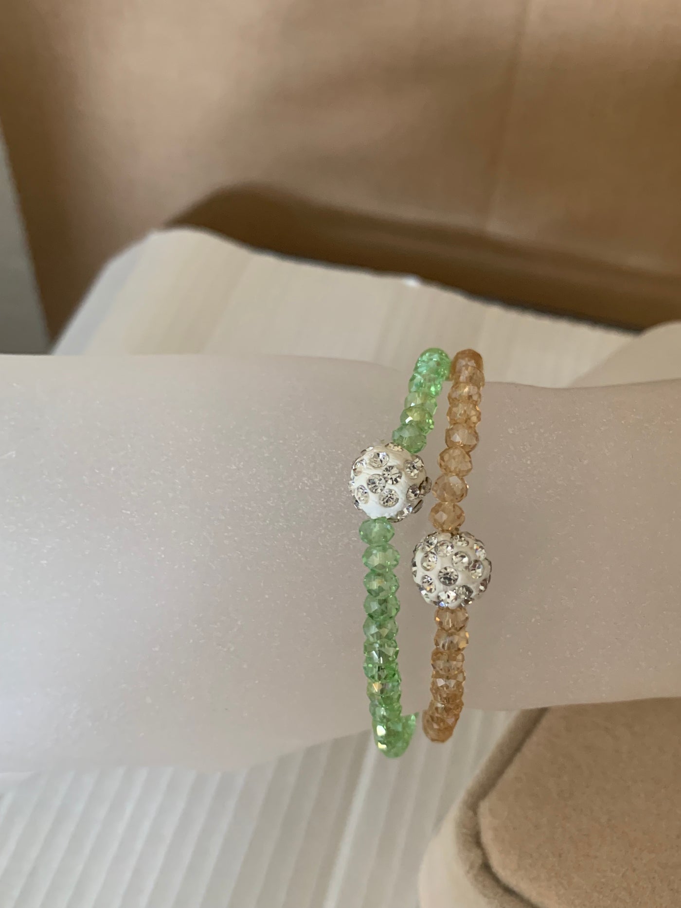 Stretchy Green and Amber Yellow Crystal Bracelets with Crystal Ball Set of 2