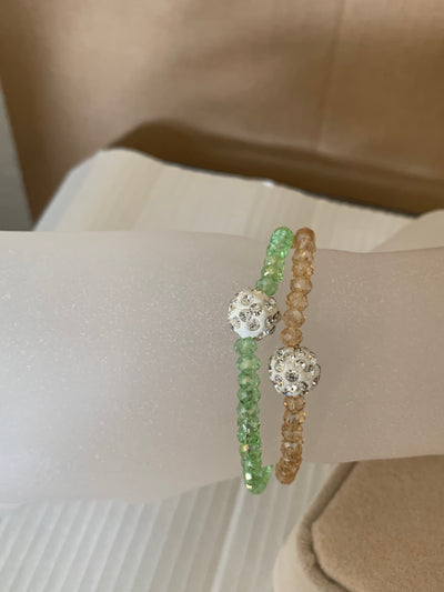 Stretchy Green and Amber Yellow Crystal Bracelets with Crystal Ball Set of 2