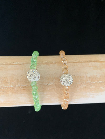 Stretchy Green and Amber Yellow Crystal Bracelets with Crystal Ball Set of 2