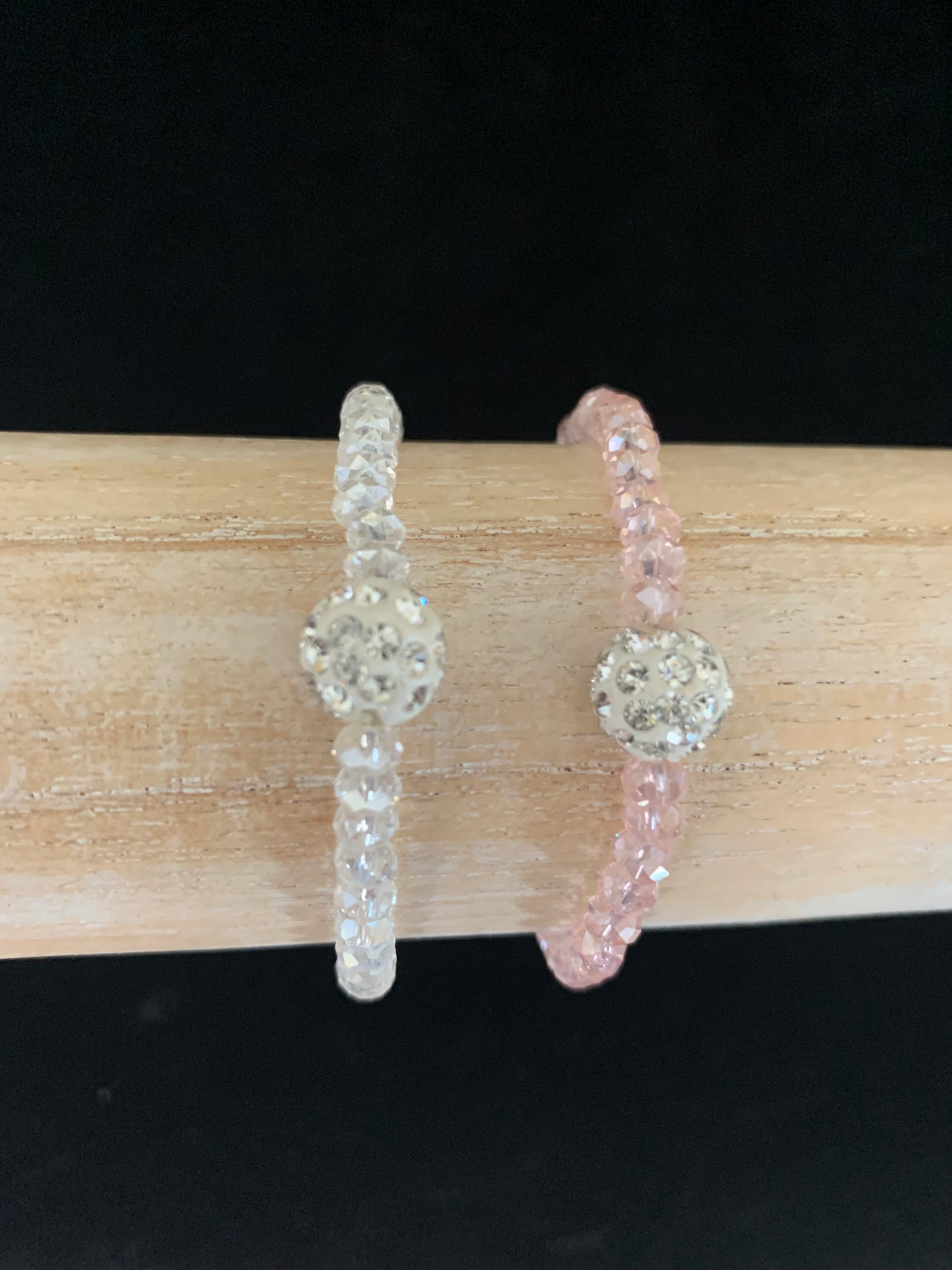 Stretchy White & Pink Crystal Bracelets with Crystal Ball Set of 2