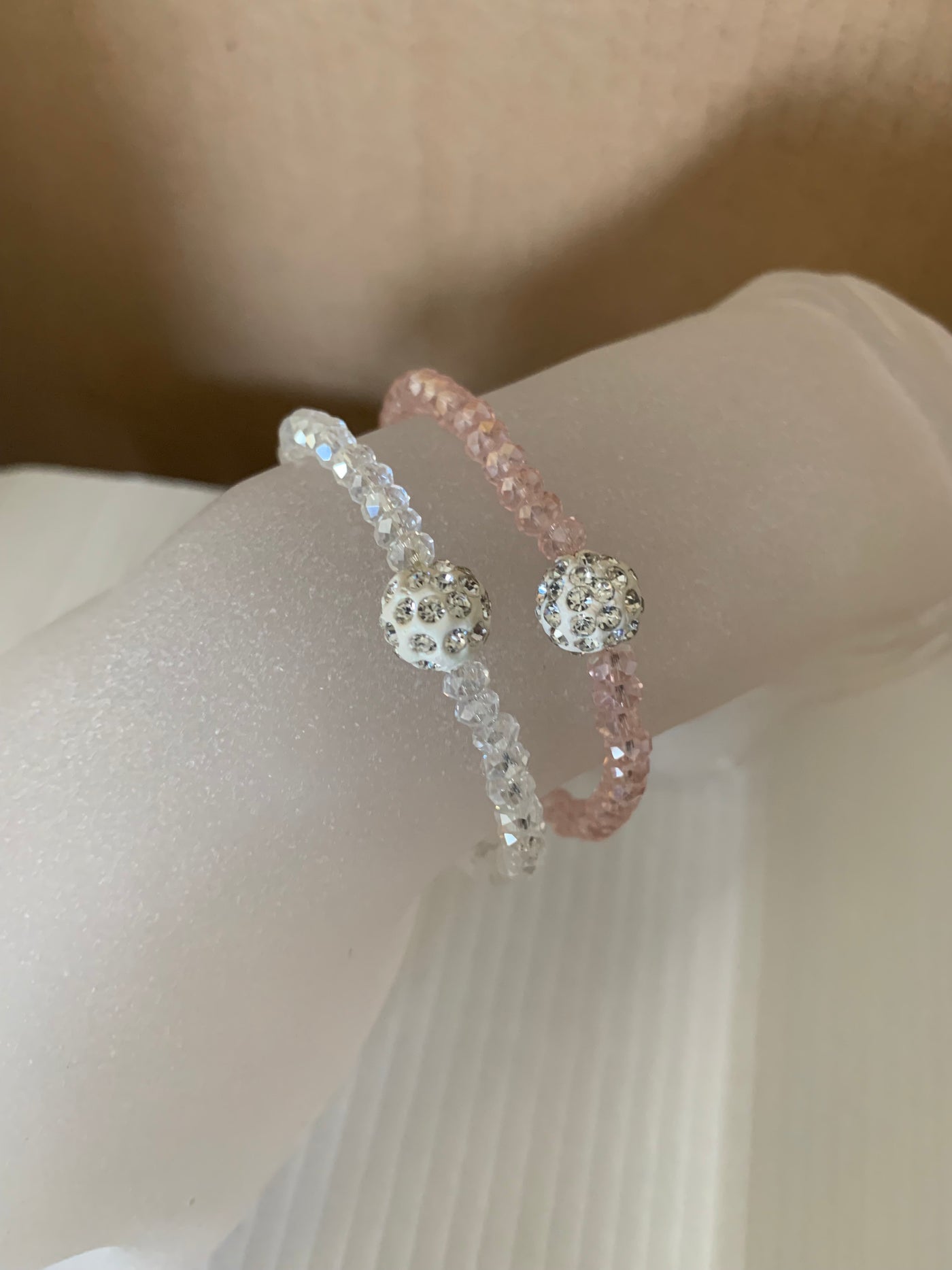 Stretchy White & Pink Crystal Bracelets with Crystal Ball Set of 2