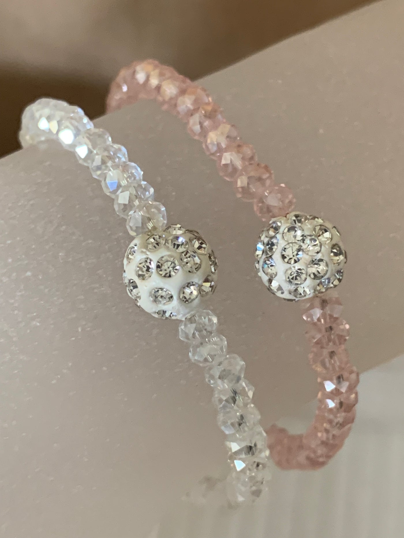 Stretchy White & Pink Crystal Bracelets with Crystal Ball Set of 2