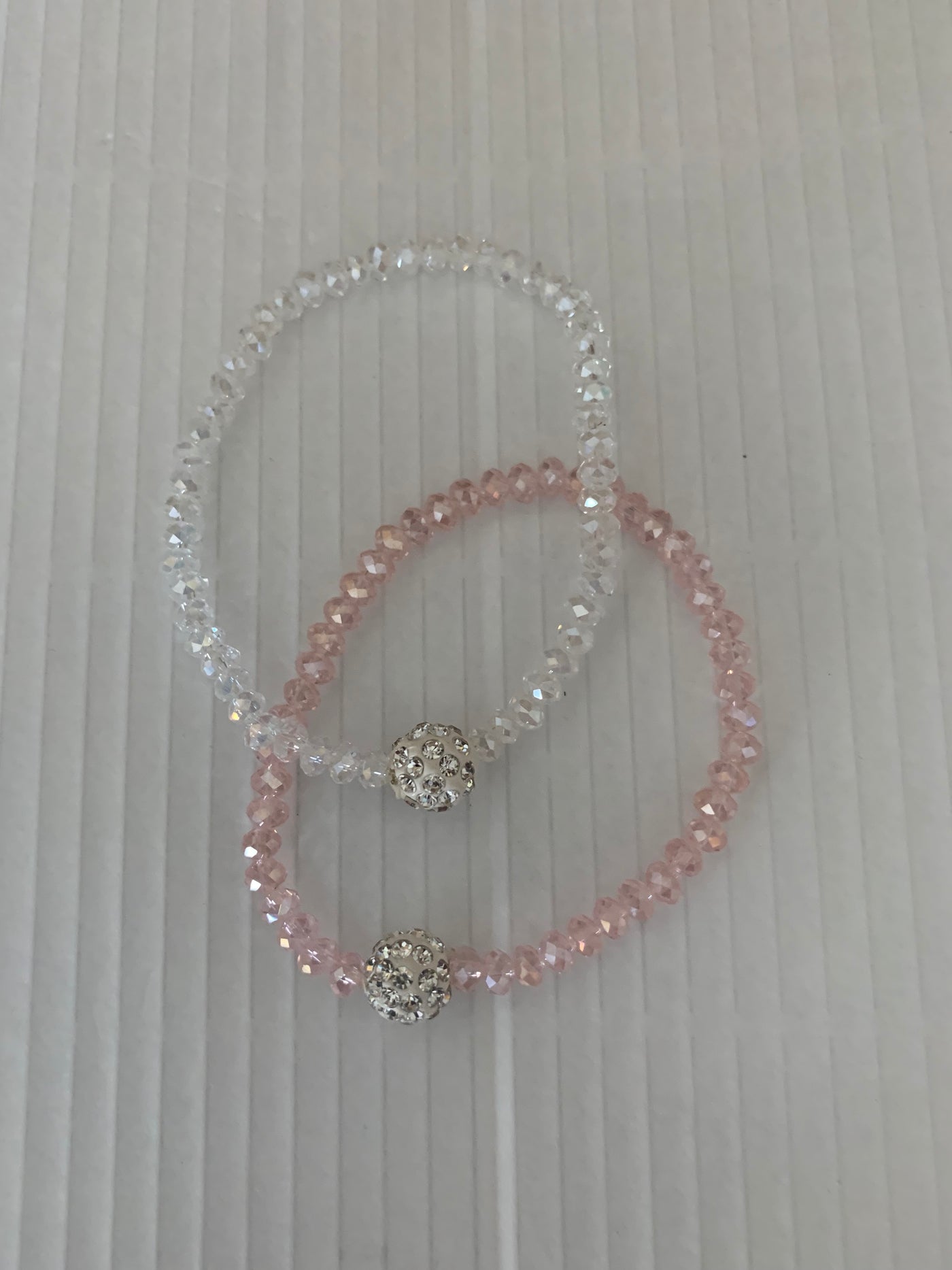 Stretchy White & Pink Crystal Bracelets with Crystal Ball Set of 2