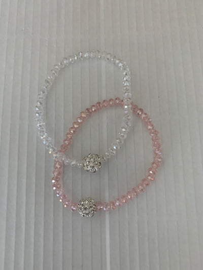 Stretchy White & Pink Crystal Bracelets with Crystal Ball Set of 2