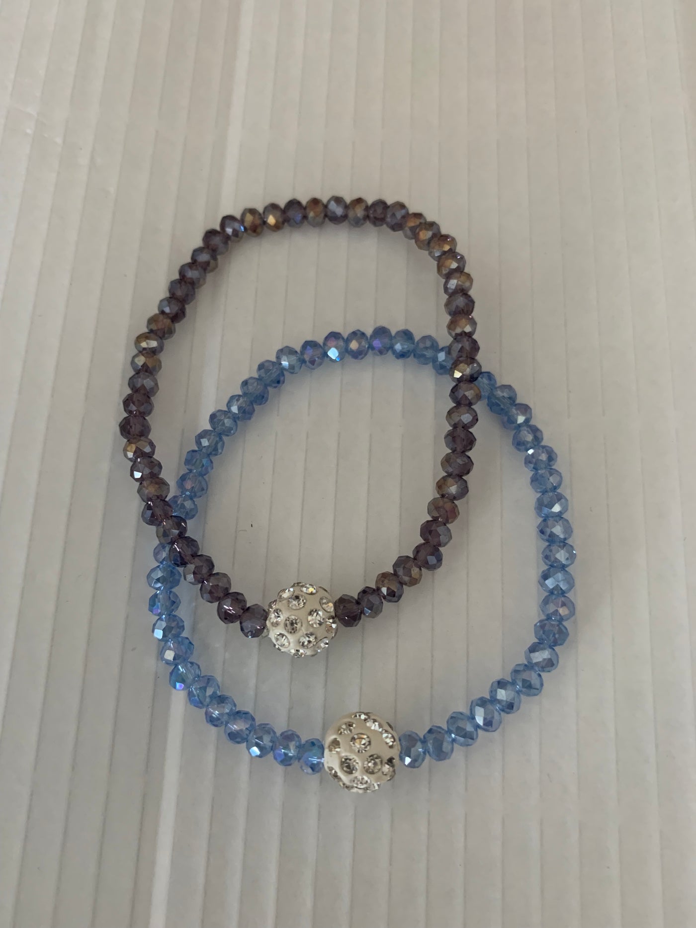 Stretchy Blue & Smoky Brown Crystal Bracelets with Crystal Ball Set of 2