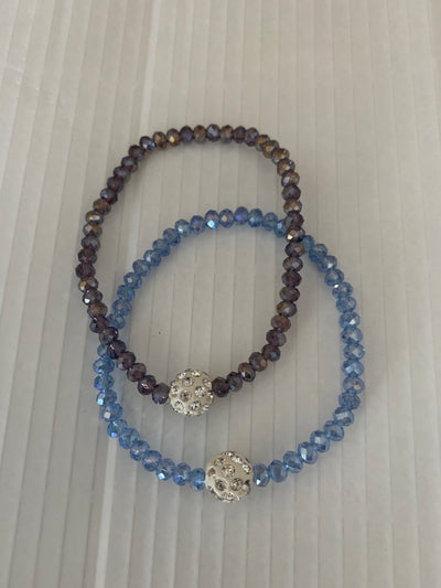 Stretchy Blue & Smoky Brown Crystal Bracelets with Crystal Ball Set of 2