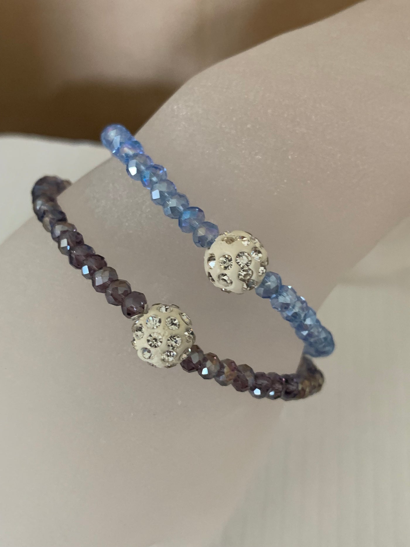 Stretchy Blue & Smoky Brown Crystal Bracelets with Crystal Ball Set of 2