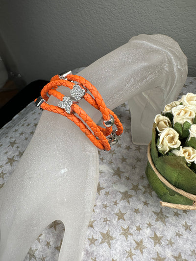 Multi Wrapper Braided Faux Leather Bracelet with Encrusted Crystal Motifs in Orange Color