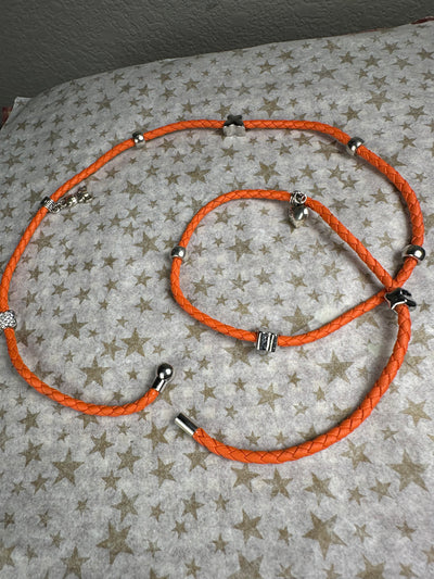 Multi Wrapper Braided Faux Leather Bracelet with Encrusted Crystal Motifs in Orange Color