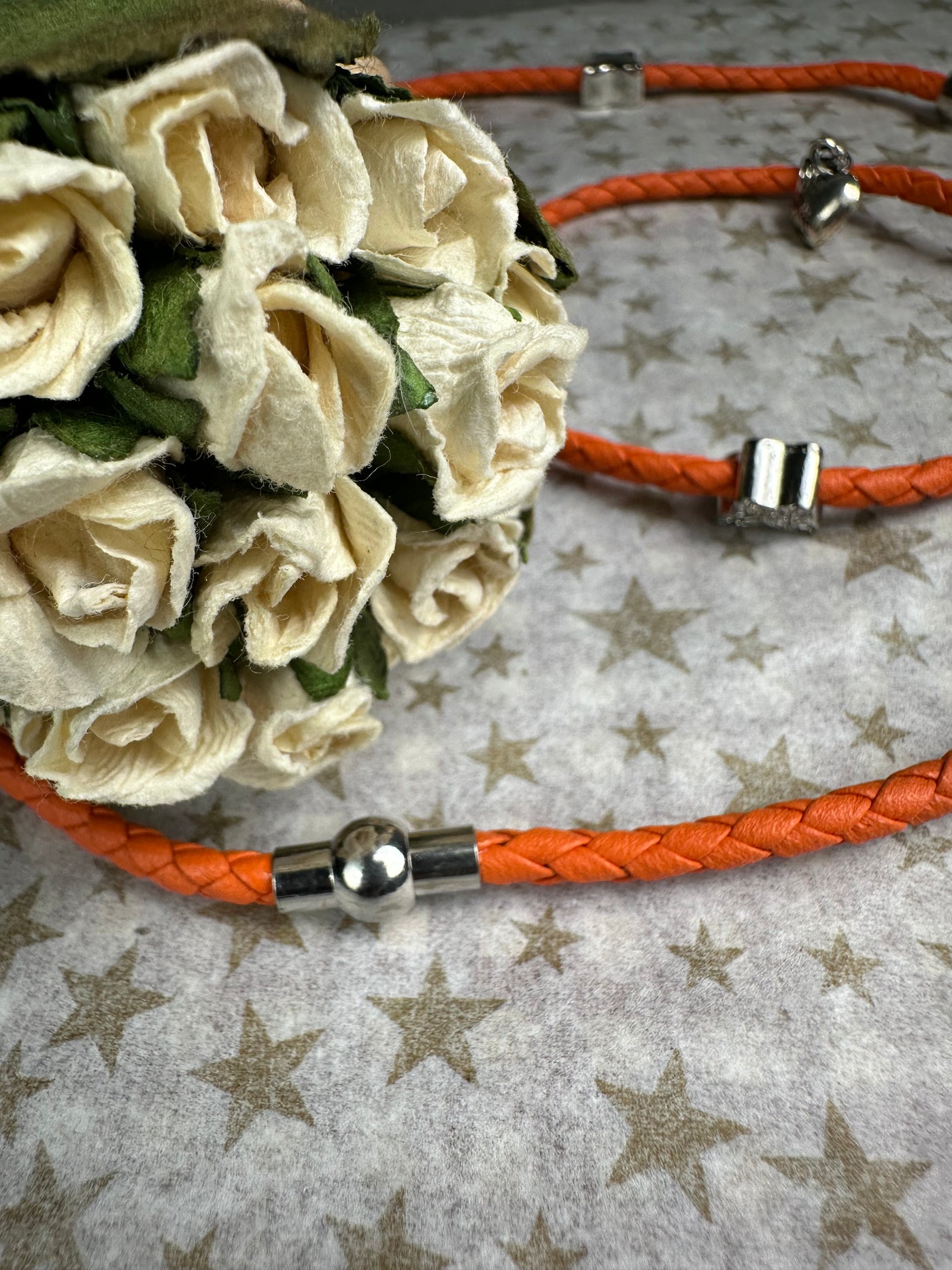 Multi Wrapper Braided Faux Leather Bracelet with Encrusted Crystal Motifs in Orange Color