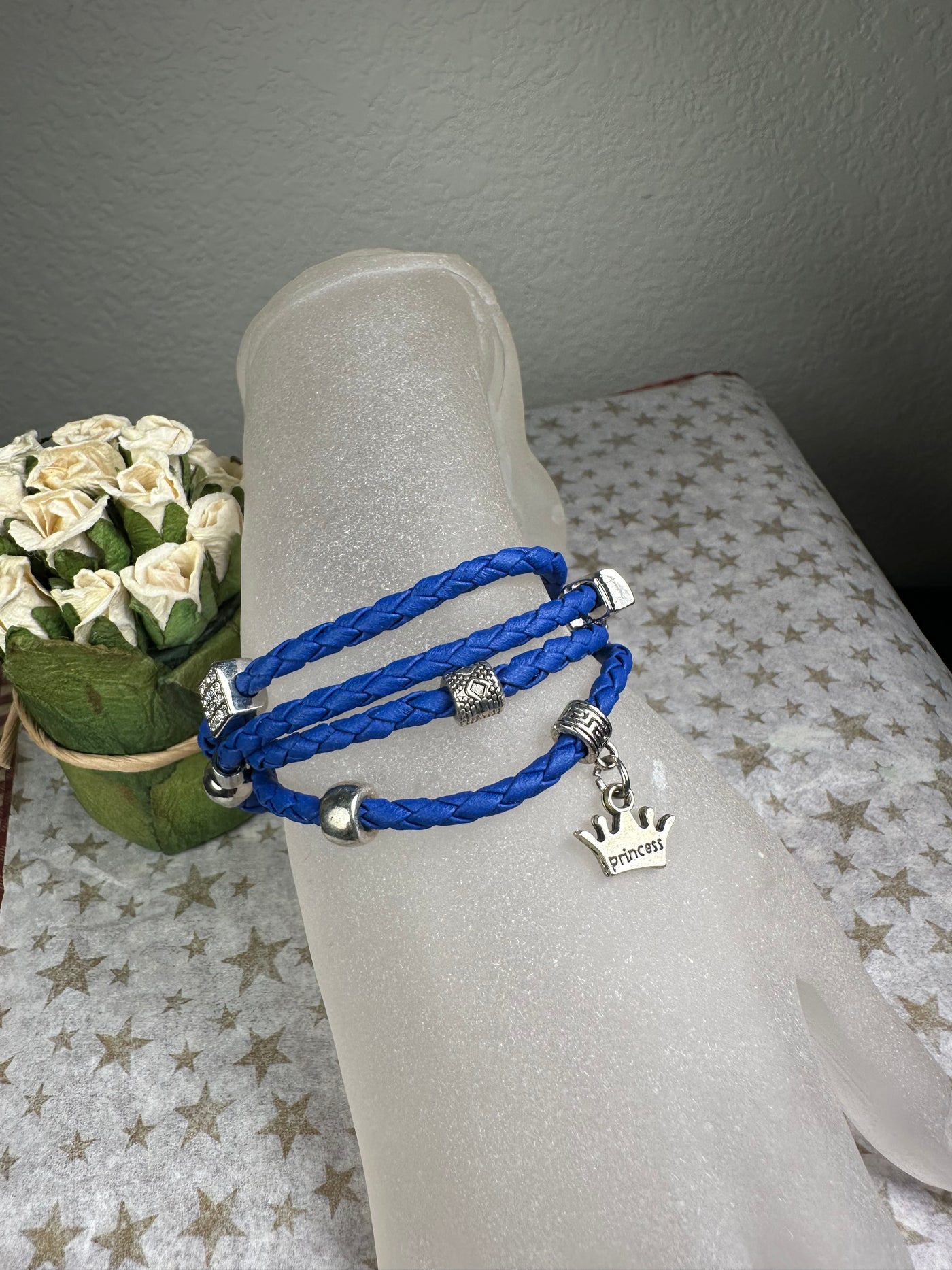 Multi Wrapper Braided Faux Leather Bracelet with Encrusted Crystal Motifs in Cobalt Blue Color