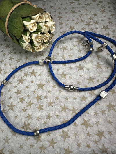 Multi Wrapper Braided Faux Leather Bracelet with Encrusted Crystal Motifs in Cobalt Blue Color