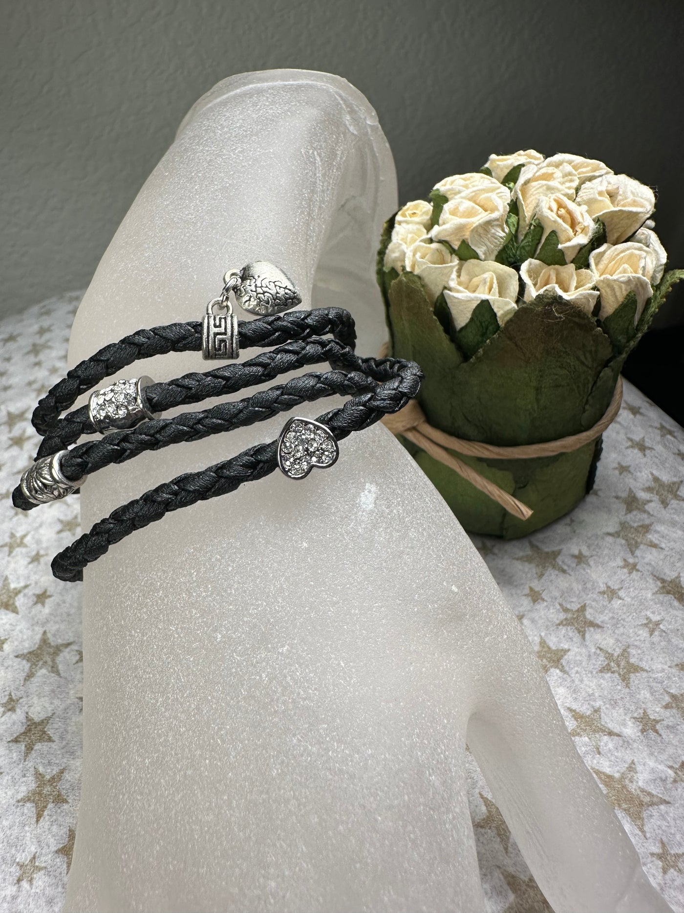 Multi Wrapper Braided Faux Leather Bracelet with Encrusted Crystal Motifs in Black Color