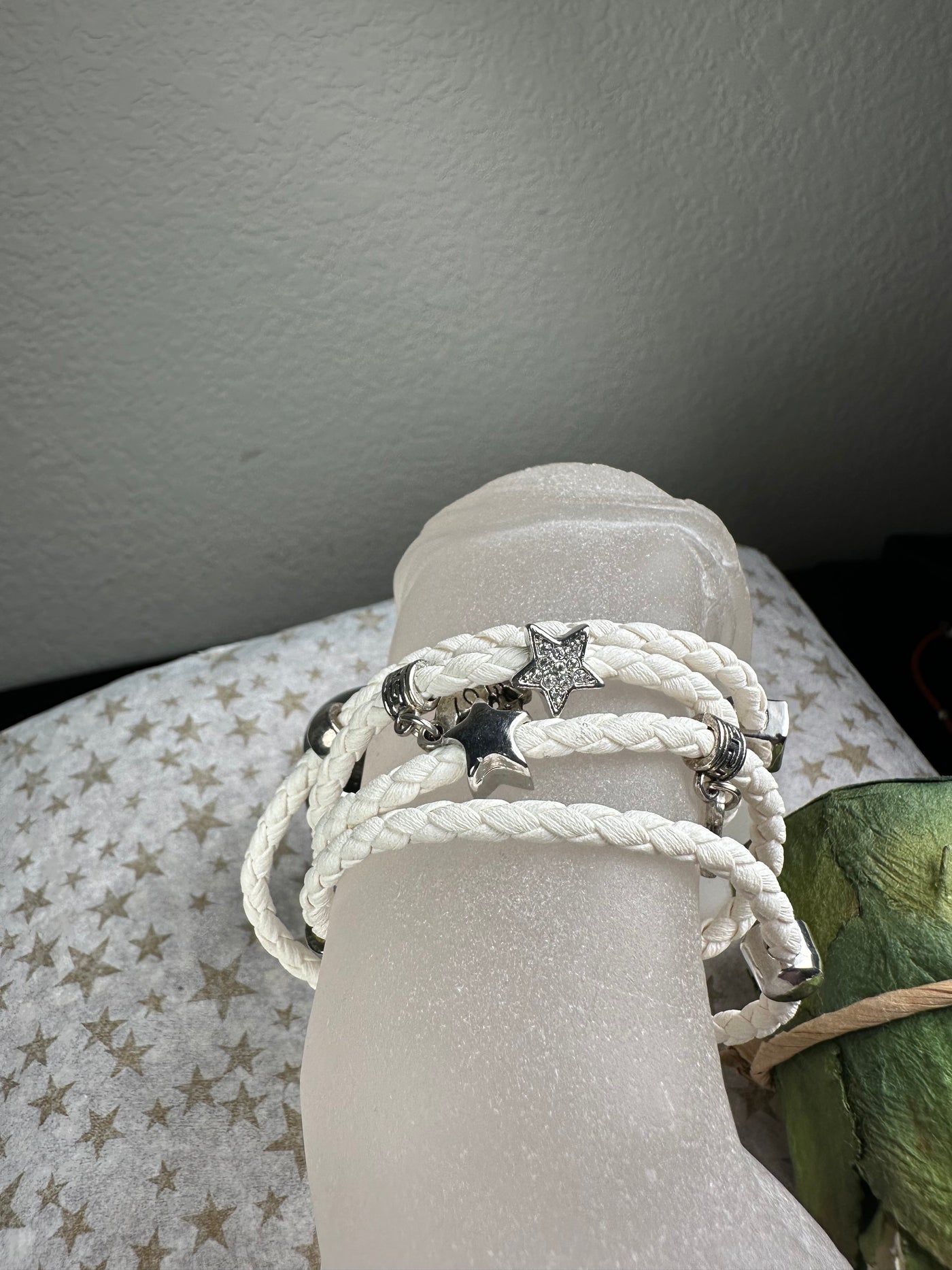 Multi Wrapper Braided Faux Leather Bracelet with Encrusted Crystal Motifs in White Color