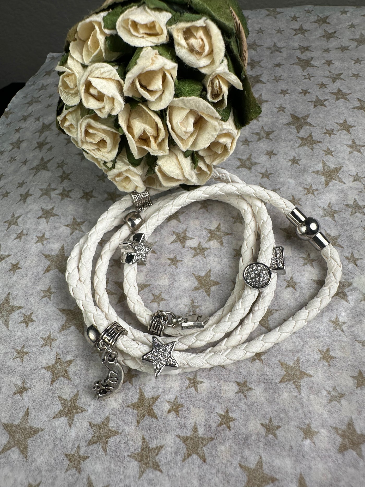 Multi Wrapper Braided Faux Leather Bracelet with Encrusted Crystal Motifs in White Color