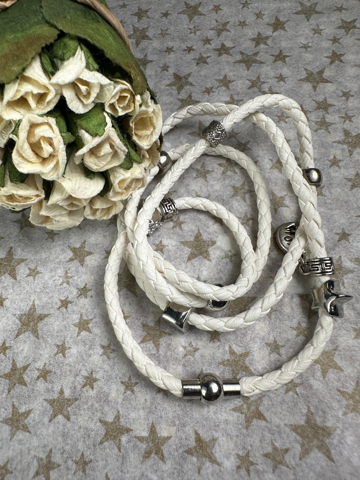 Multi Wrapper Braided Faux Leather Bracelet with Encrusted Crystal Motifs in White Color