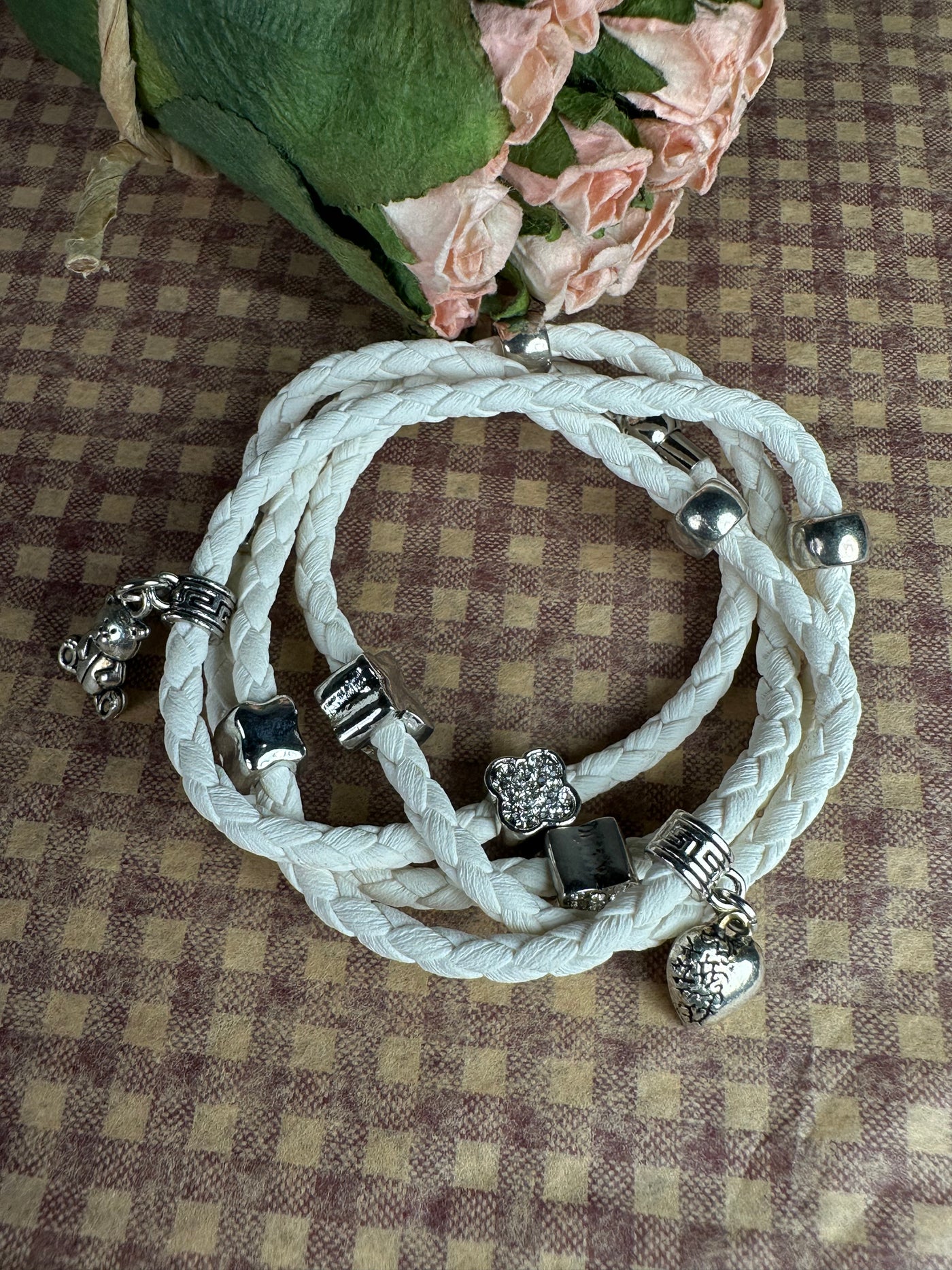 Multi Wrapper Braided Faux Leather Bracelet with Encrusted Crystal Motifs in White Color