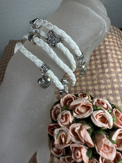 Multi Wrapper Braided Faux Leather Bracelet with Encrusted Crystal Motifs in White Color