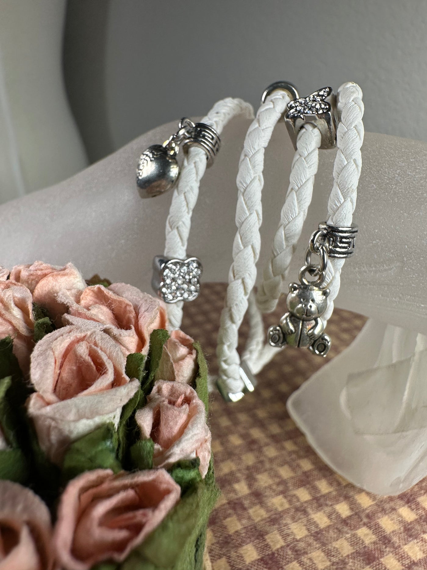 Multi Wrapper Braided Faux Leather Bracelet with Encrusted Crystal Motifs in White Color