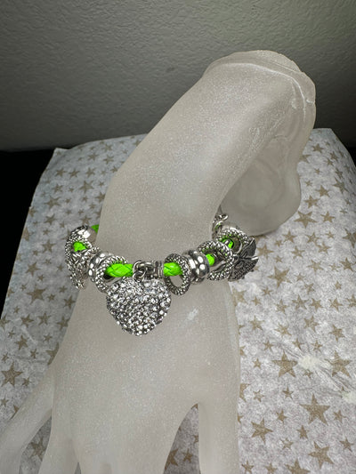 Multi Crystal Charms Braided Faux Leather Bracelet in Lime Green Color