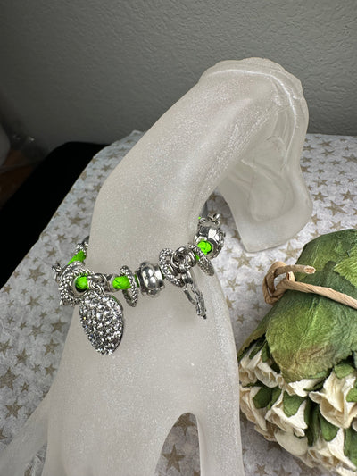 Multi Crystal Charms Braided Faux Leather Bracelet in Lime Green Color