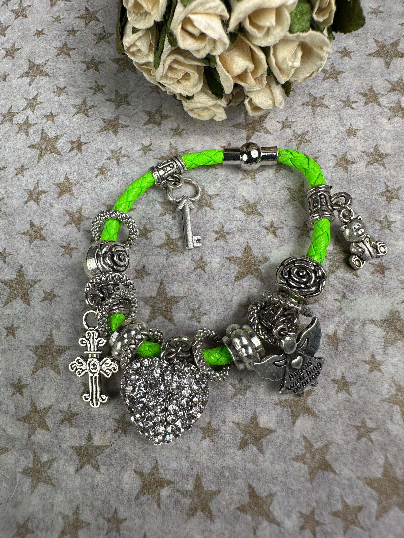 Multi Crystal Charms Braided Faux Leather Bracelet in Lime Green Color