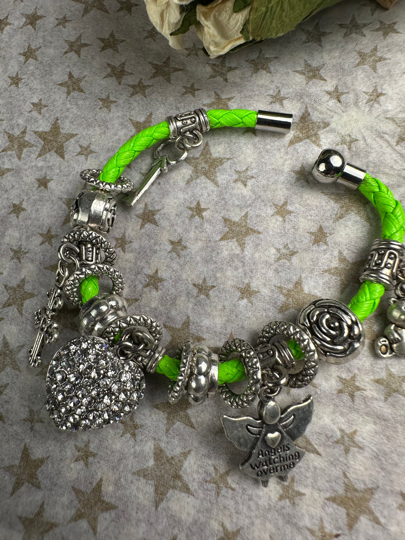 Multi Crystal Charms Braided Faux Leather Bracelet in Lime Green Color