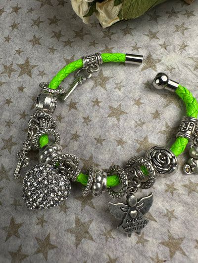 Multi Crystal Charms Braided Faux Leather Bracelet in Lime Green Color