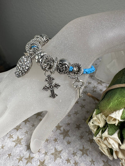 Multi Crystal Charms Braided Faux Leather Bracelet in Lt. Blue Color