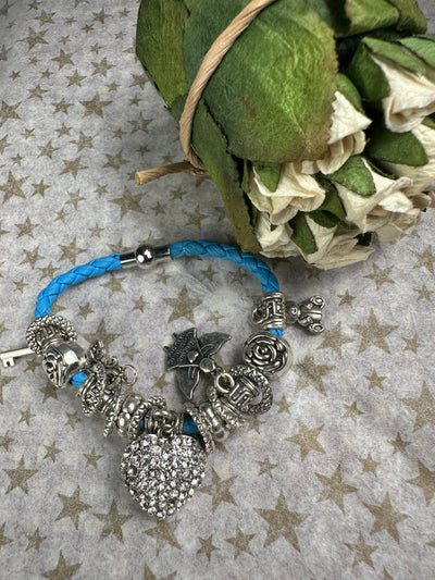 Multi Crystal Charms Braided Faux Leather Bracelet in Lt. Blue Color