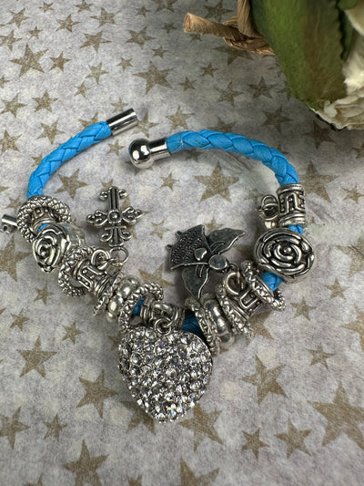 Multi Crystal Charms Braided Faux Leather Bracelet in Lt. Blue Color