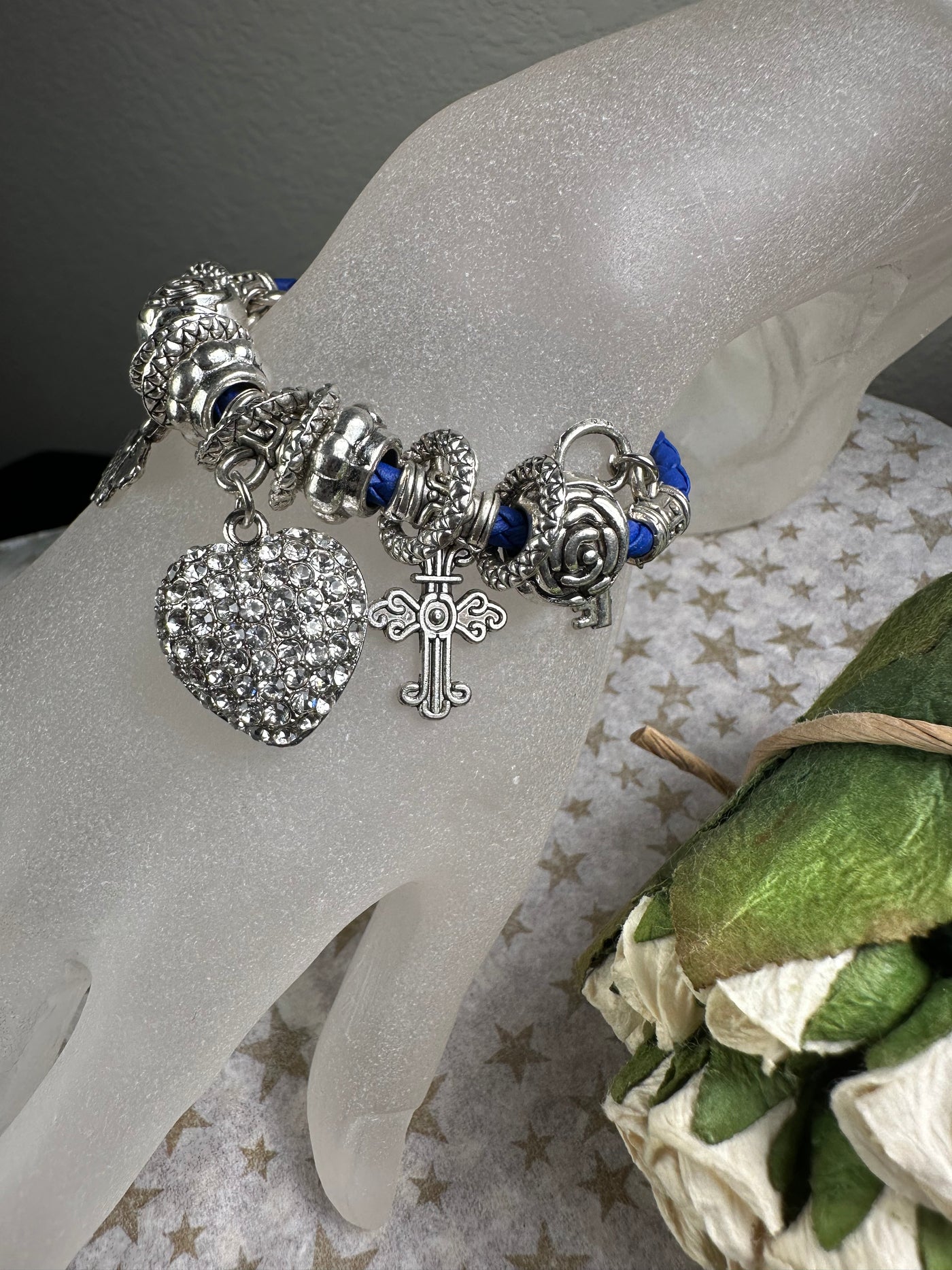 Multi Crystal Charms Braided Faux Leather Bracelet in Cobalt Blue Color