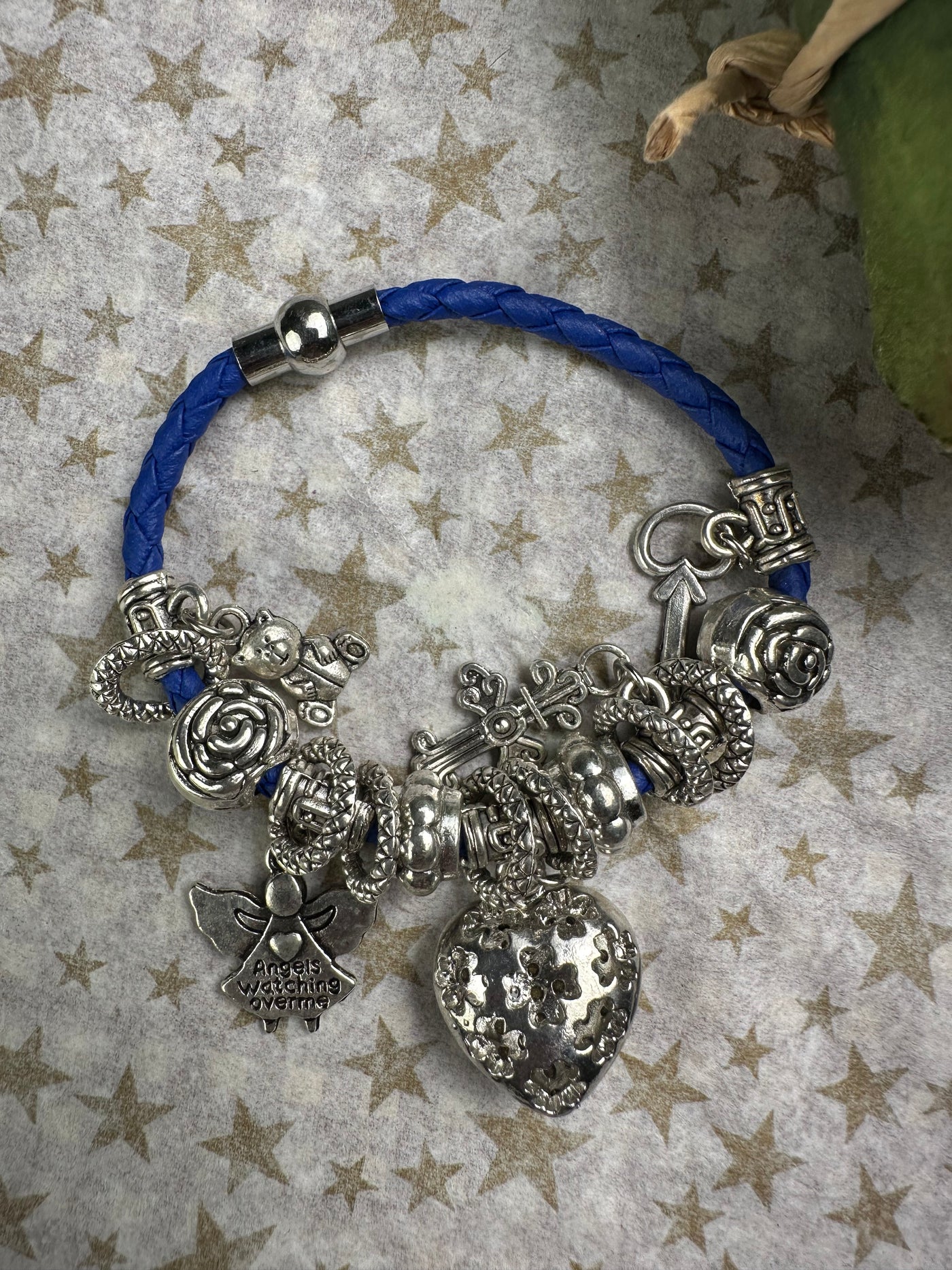 Multi Crystal Charms Braided Faux Leather Bracelet in Cobalt Blue Color