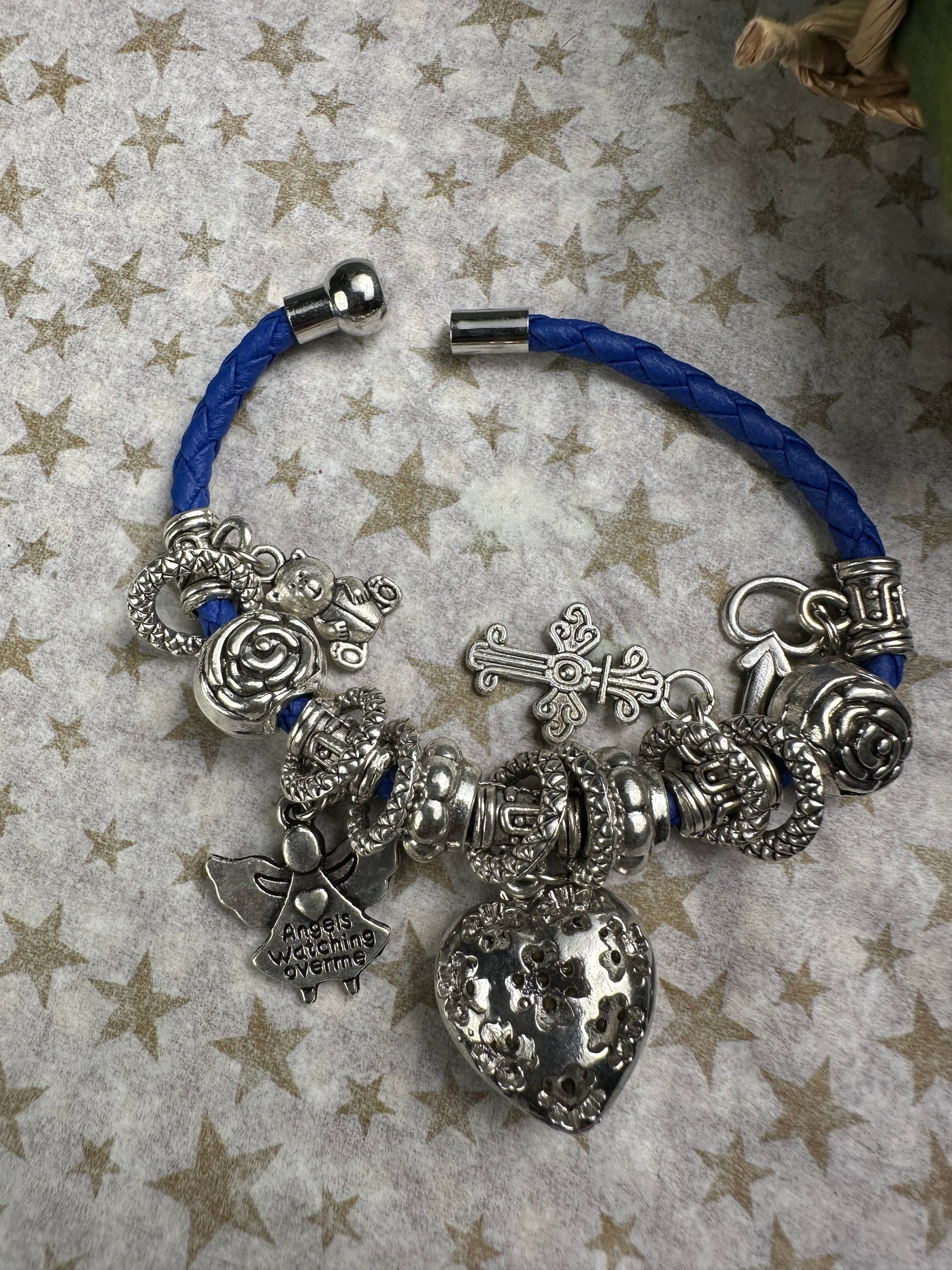 Multi Crystal Charms Braided Faux Leather Bracelet in Cobalt Blue Color