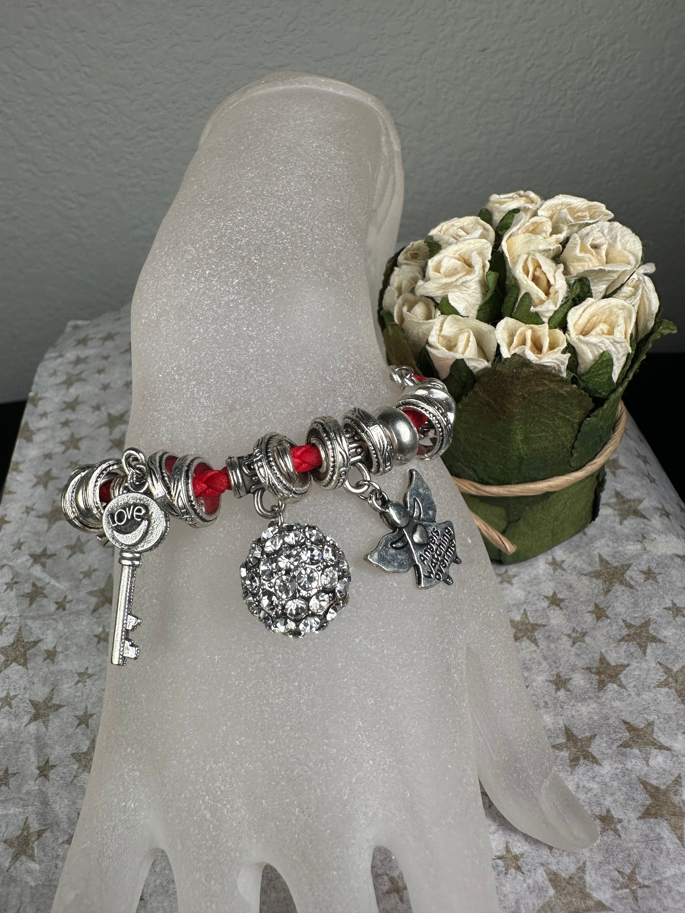 Multi Crystal Charms and Round Crystal Ball Braided Faux Leather Bracelet in Red Color