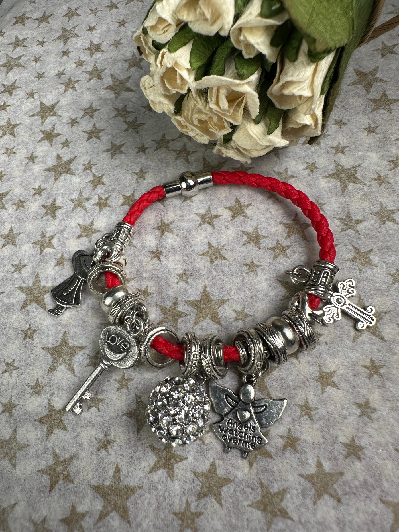 Multi Crystal Charms and Round Crystal Ball Braided Faux Leather Bracelet in Red Color