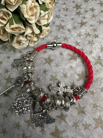 Multi Crystal Charms and Round Crystal Ball Braided Faux Leather Bracelet in Red Color