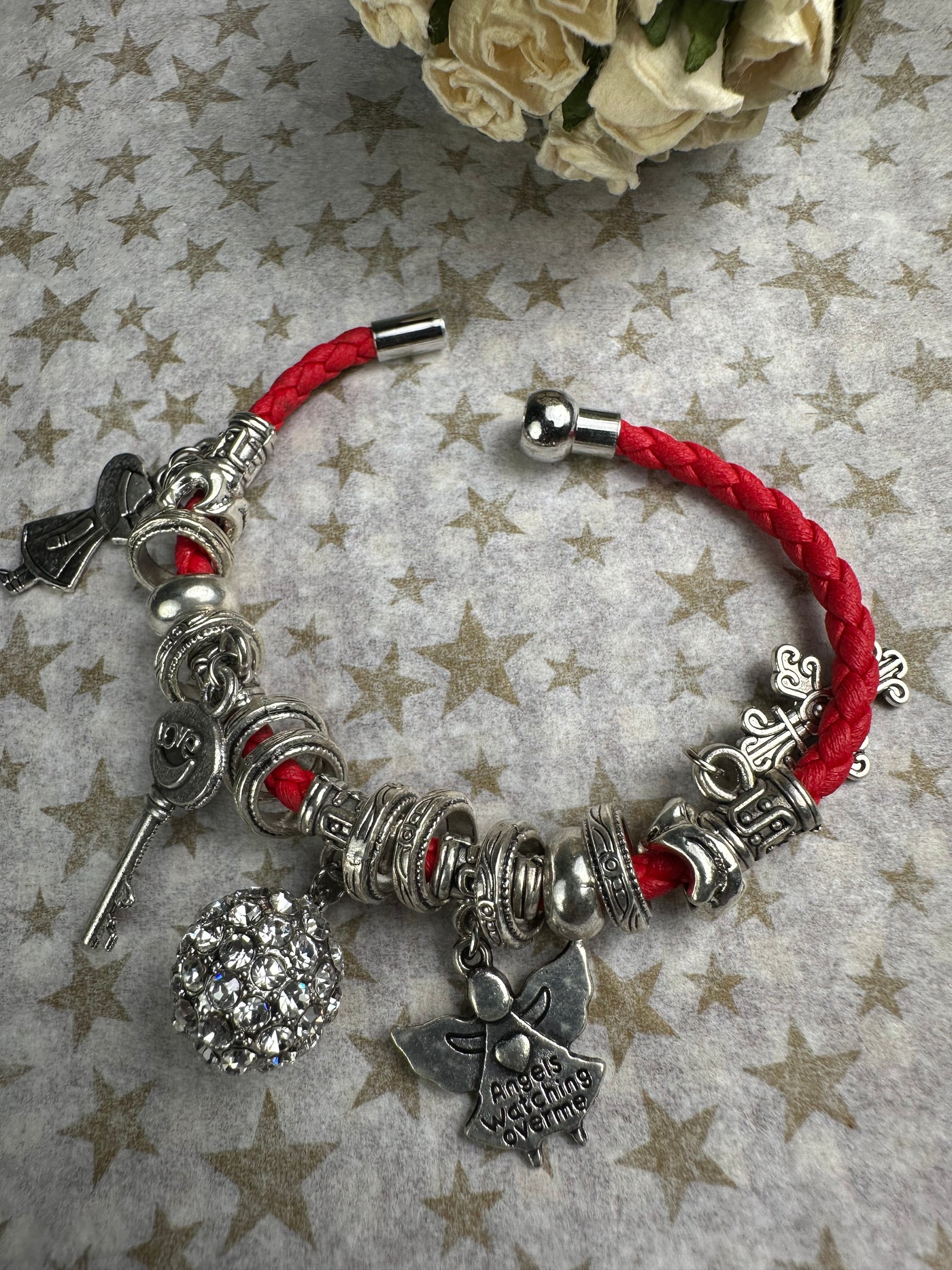 Multi Crystal Charms and Round Crystal Ball Braided Faux Leather Bracelet in Red Color