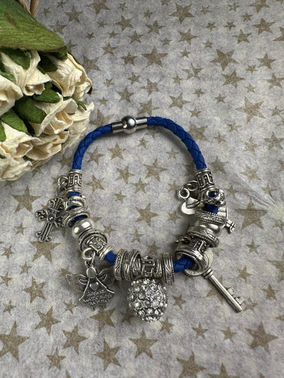 Multi Crystal Charms and Round Crystal Ball Braided Faux Leather Bracelet in Cobalt Blue Color