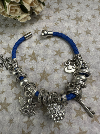 Multi Crystal Charms and Round Crystal Ball Braided Faux Leather Bracelet in Cobalt Blue Color