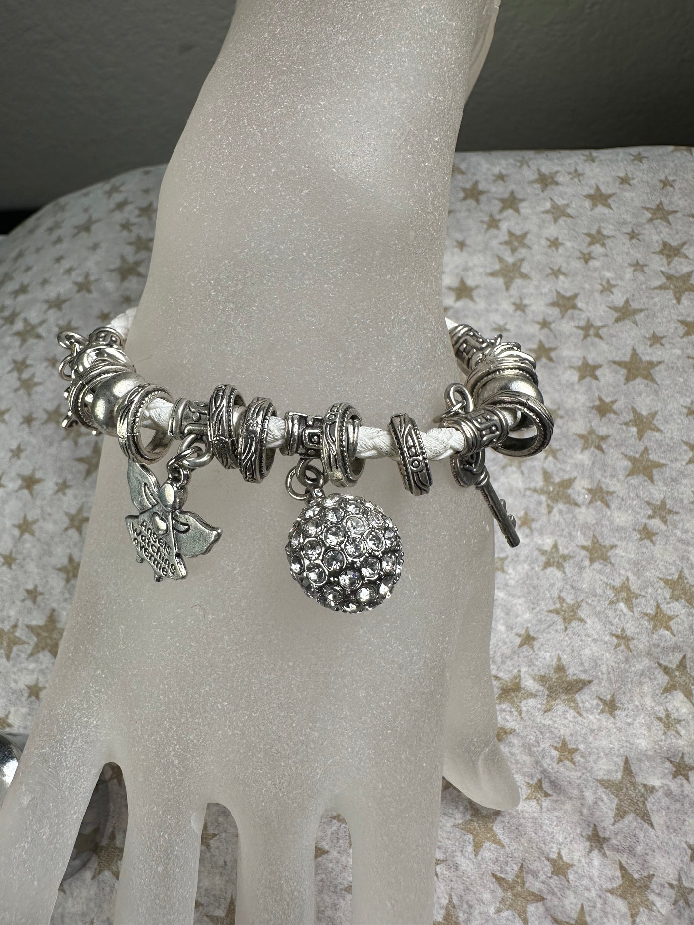 Multi Crystal Charms and Round Crystal Ball Braided Faux Leather Bracelet in White Color