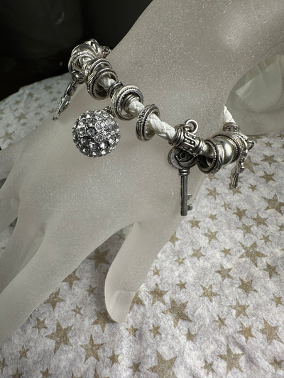 Multi Crystal Charms and Round Crystal Ball Braided Faux Leather Bracelet in White Color