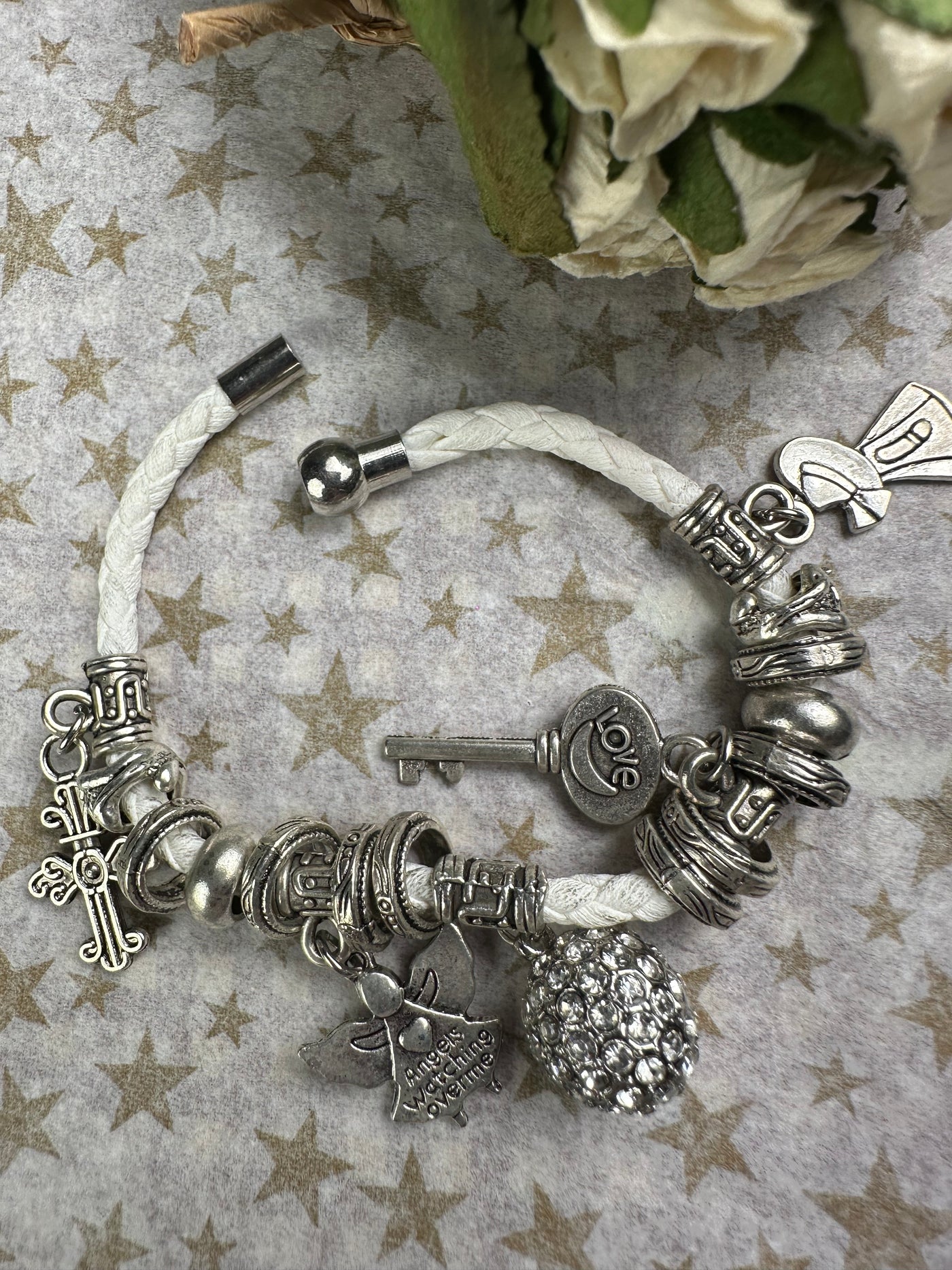 Multi Crystal Charms and Round Crystal Ball Braided Faux Leather Bracelet in White Color