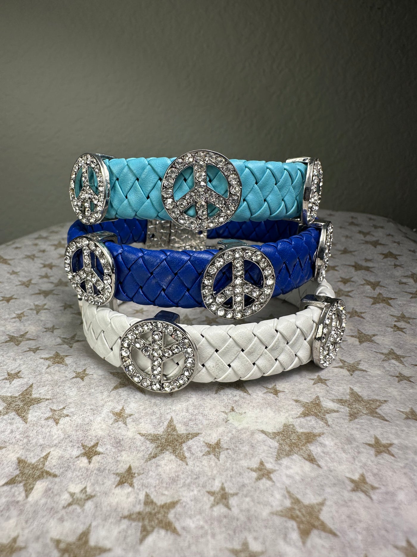 Cobalt Blue Braided Faux Leather Bangle Bracelet with Peace Sign Motifs