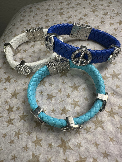 Sky Blue Braided Faux Leather Bangle Bracelet with Peace sign motifs